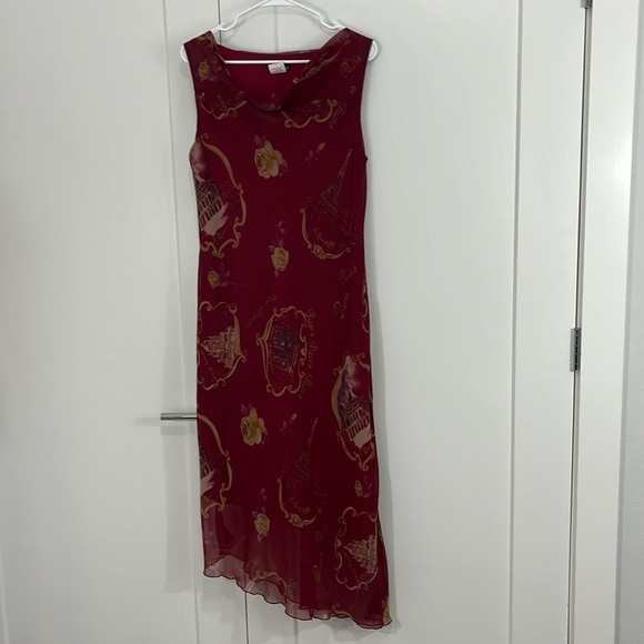 Vintage Y2K Meghan Matthews Size 14 Red Floral Asymmetrical Hem Cowl Maxi Dress - Picture 5 of 12